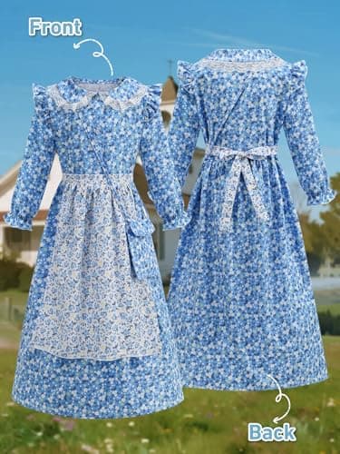 EARJIA Girls Floral Prairie Pioneer Dress Victorian Colonial Costume for Kids Blue Fancy Outfit for World Book Day Carnival - Thumbnail 5