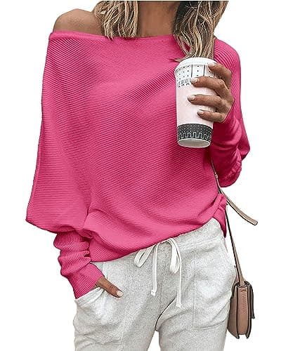 Zenlonr Women's Fall Sweaters 2026 Casual Long Batwing Sleeve Loose Off Shoulder Knit Pullovers Jumper Tops(Rose Red,X-Large) - Image 1