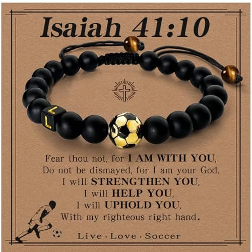 GIGLIM Soccer Initial Bracelet for Boys Men 18K Gold Plated Brass Soccer Charm with 19 Obsidian Beads & 2 Tiger Eye Pendants Inspirational Sport Bracelet Birthday Easter Son Grandson Nephew Friend - Image 1