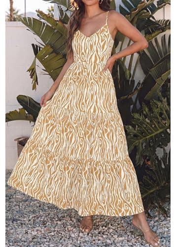 KIRUNDO Sundresses for Women 2026 Spring Summer Hawaiian Print Boho Floral Spaghetti Strap Beach Vacation Flowy Maxi Dress(Khaki, Large) - Thumbnail 4