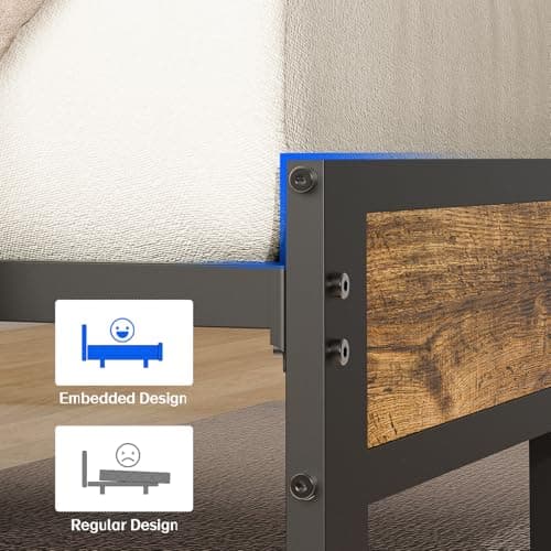 ALBERTO Full Size LED Bed Frame with Charging Station, Upholstered Headboard, Sturdy Metal Platform with Slats, No Box Spring Needed - Thumbnail 6