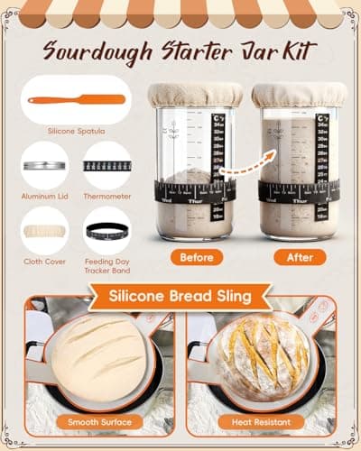RYMTOX Complete Sourdough Starter Kit with Manual | Easy to Clean for Beginners | Sourdough Bread Baking Supplies with Round Bread Proofing Basket, Bread Sling, Starter Jar, Dough Whisk, Scrapers, Bag - Thumbnail 4