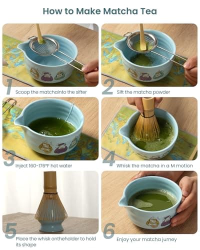 Matcha Whisk Set, 18OZ 7 Pcs Japanese Matcha Kit Includes Matcha Bowl with Spout, Bamboo Whisk, Chasen Holder, Stainless Sifter, Scoop and Rest, Tea Towel, Matcha Tea Set Home Kitchen Christmas - Thumbnail 3