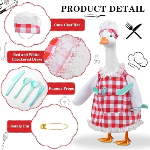 yuboo Chef Spring Porch Goose Outfit, Red and White Checkered Dress, Chef Hat & Cutlery 5 Set Porch Goose Clothes for 17'' Cement Statue, Fun Goose Costume for Garden Patio Statue Decor - Thumbnail 6