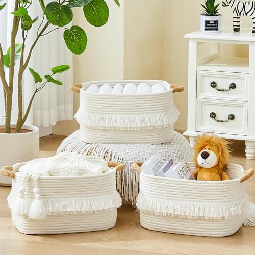 BUBUSUN Woven Baskets, 3-Pack Storage Basket for Living Room, Bedroom, Nursery, Stylish Gift Basket with Handles, Cotton Rope Basket for Toys and Shelves, Multi-Purpose Organizer, White - Thumbnail 2