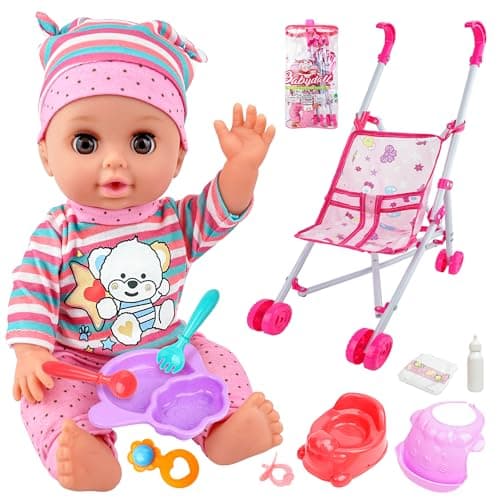 SMILESSKIDDO Baby Doll with Stroller, 14'' Soft Body Dolls with Accessories Includes Foldable Cart, Feeding Playset, Babydoll Pretend Play Toddler Toys Gifts for 1 2 3 4 Year Old - Image 1