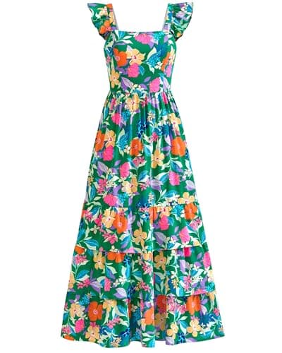 dowerme Summer Dresses for Women 2026 Casual Ruffle Smocked Tiered A-Line Boho Floral Maxi Beach Sun Dress with Pockets(Green Orange Flower,Large) - Image 1