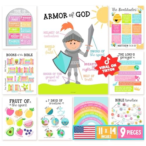 Hadley Designs Sunday School Decorations for Classroom – 9 Bible Posters for Kids, 11x14in Books of the Bible Poster, 10 Commandments, Fruits of the Spirit & More – Pastel Christian Classroom Decor - Image 1