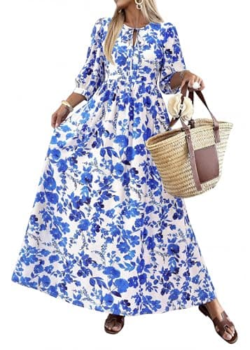 KIRUNDO Women Summer Beach Vacation Wedding Guest Dresses 2026 Spring Boho Floral 3/4 Sleeve Loose Cruise Flowy Maxi Dress(Blue, Small) - Image 1