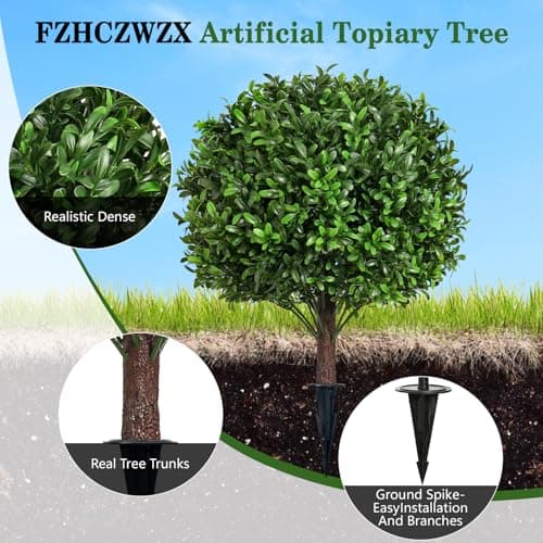 Artificial Olive Leaf Boxwood Topiary Ball Trees, Set of 2 UV Resistant 16in Outdoor Plants – Artificial Bonsai, Miniature Trees, Garden, Curb Appeal - Thumbnail 3