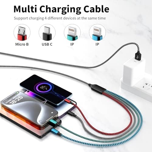 Firsting Multi Charging Cable,4 in 1 Charging Cables for Multiple Devices Nylon Braided Universal Charger Phone Charger Cord with 2 IP/USB-C/Micro USB Port for Cellphone/Tablets/More(2Pack 5FT) - Thumbnail 2
