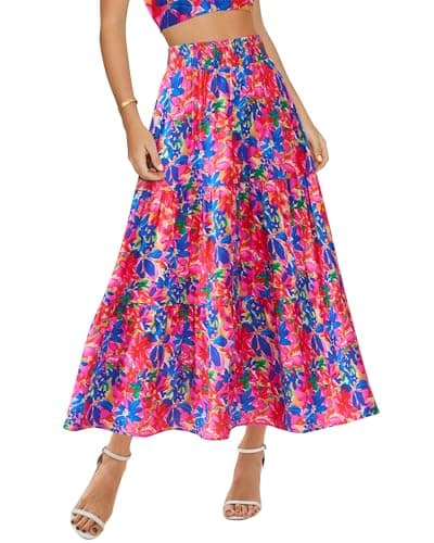 BTFBM Skirts for Women Summer 2026 Floral Print A Line Elastic High Waist Boho Maxi Skirt Spring Fashion Clothing Pocket(Floral Blue Pink, X-Large) - Image 1
