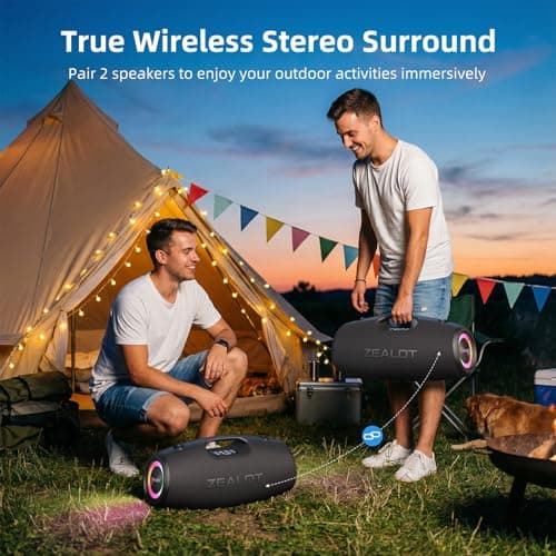 ZEALOT Portable Speakers Bluetooth Wireless, 120W Loud Waterproof Outdoor Speaker with Bass, Subwoofer, 40H Playtime, IP67, EQ, BT 5.3, LED Lights, for Camping Beach Party (Black) - Thumbnail 3