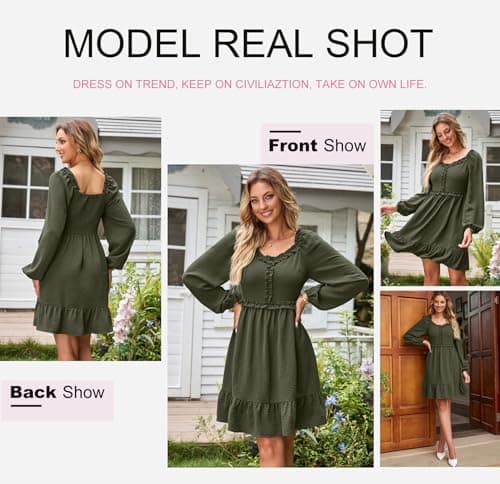 Dokotoo Womens Elegant Dresses 2026 Fashion Crewneck Long Sleeve Empire Waist Dress Casual Ruffle Trim Smocked Flowy Mini Dress Green Medium - Thumbnail 5