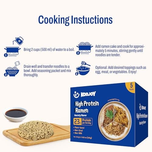 KONJOY Protein Ramen Variety Pack, 5-Pack High Protein Ramen Noodles(23g) with Savory Crayfish Chili, Sichuan Mala, Hot Spicy Chicken Sauces – Plant-Based, Non-Fried, Low Fat, Vegan Healthy Meal - Thumbnail 6
