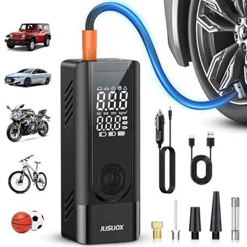 JUSUOX Tire Inflator Portable Air Compressor, Battery & 12V DC Dual Power Air Pump for Car Tires, 150PSI Cordless Bike Tire Pump with Digital Pressure Gauge, LED Light, for Motorcycle, Ball