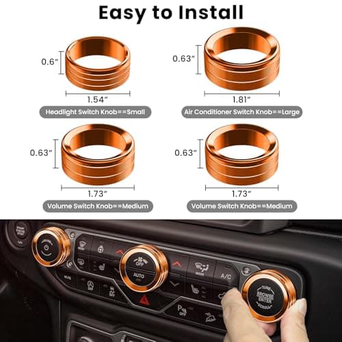DIAMOOKY 8PCS Metal Button Knob Cover for Jeep Wrangler JL JLU 2018-2025 2026 & Gladiator JT Accessories Window Switch Button Cover Volume Radio Air Conditioner Headlight Switch Knob Cover (Orange) - Thumbnail 6