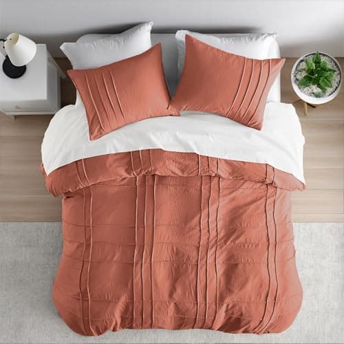 Regency Heights Queen Size Comforter Set Orange, 3 Pieces Bedding Set, Ultra Soft Prewashed Bed Set, Pinch Pleat All Seasons Lightweight Comforter and Shams - Thumbnail 3