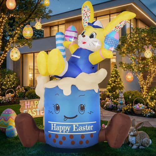 7.3FT Easter Inflatable Bunny Outdoor Decorations, Giant Yellow Bunny in Blue Cup with Built-in LED Lights, Waterproof Blow Up Yard Decor for Lawn, Garden, Porch, Easter Party - Image 1