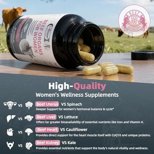 Alliwise 2 Pack Beef Organ Supplement for Women - Supports Female Hormonal Balance, Energy & Overall Wellness, 100% Grass Fed Beef Organs Complex: Liver Uterus* Heart & 3 More, (2 Capsules Daily) - Thumbnail 3