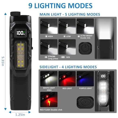 LUXJUMPER Rechargeable Flashlight Magnetic - 700 Lumens Flat Flashlights Rechargeable with Digital Display, Stainless Steel 8 Modes Pocket Flash Light for Car Repairing/Camping/Emergency - Thumbnail 2