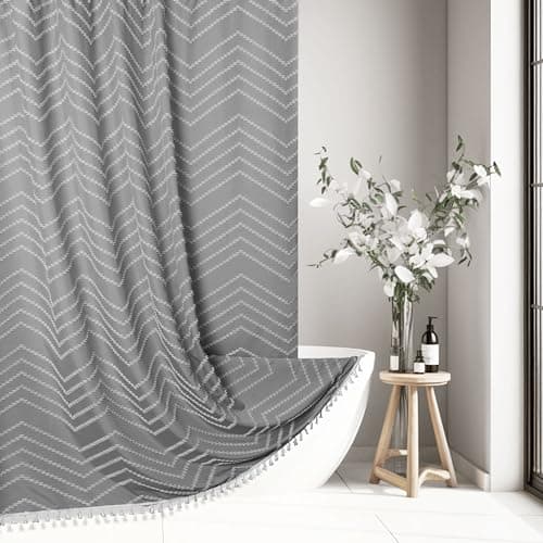 Siiluminisoy Boho Shower Curtain with Tassel Woven Fabric Grey Shower Curtain 72 x 72 Modern Farmhouse Textured Tufted Chevron Striped Minimalist Bathroom Shower Curtain Set with Hooks - Image 1