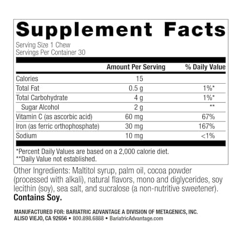 Bariatric Advantage Iron 30 mg Chewy Bite with Vitamin C - for Bariatric Patients - Sugar-Free - Chocolate Raspberry - 30 Count - Thumbnail 4