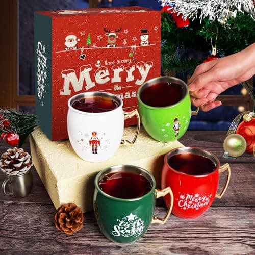 TJ Moscow Mule Mugs Set of 4, 12 oz Christmas Moscow Mule Mugs with 304 Stainless Steel Lining and Gold Brass Handles for Drinking Water & Cocktails Juice, Beer, Bars, Parties,4 color - Thumbnail 4