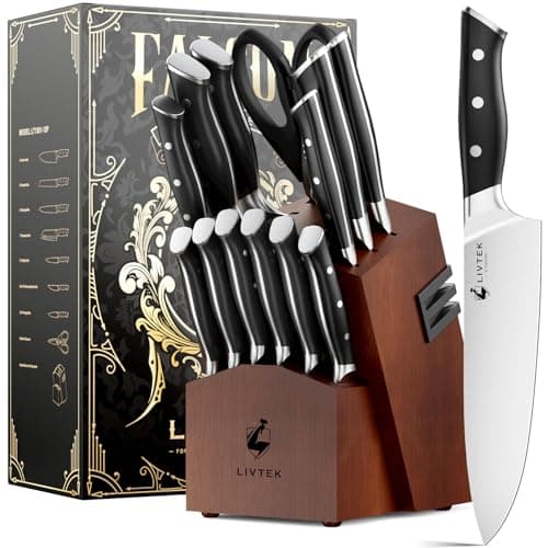 Livtek Knife Set with Block - Kitchen Knife Set German High-Carbon Stainless Steel with Built-in Sharpener - Full Tang, Triple-Rivet Ergonomic Handle - Holiday Gift Idea - 15-Piece, Falcon Series. - Image 1