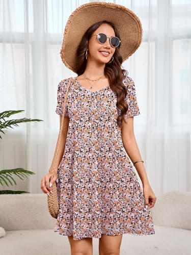 Moodclo Women Casual Summer Dresses Luxuriant Flowers Black X-Large Short Sleeve Loose Tshirt Beach Sundress V Neck Swing Dress with Pockets 2026 Trendy - Thumbnail 5