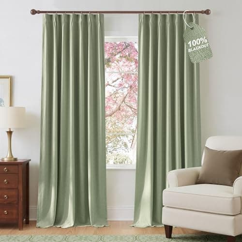 NICETOWN PRO 100% Blackout Sage Green Curtains 108 inch Long, Pinch Pleated Thermal Window Treatments Linen Blended Sound Reducing for Bedroom/Farmhouse, 2 Panels, W40 x L108 - Image 1