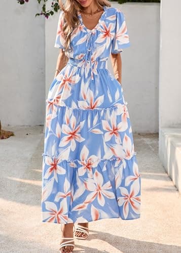 KIRUNDO Spring Summer Wedding Guest Dresses for Women 2026 Boho Floral Short Sleeve V Neck Ruffle Tiered Flowy Maxi Dress(Sky Blue, XX-Large) - Thumbnail 4