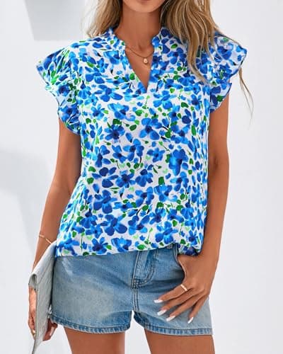 Zenlonr Womens Dressy Casual Tops 2026 Summer Ruffle Cap Sleeve V Neck Shirts Boho Floral Blouses Vacation Outfits(White Blue Flower,Small) - Thumbnail 2