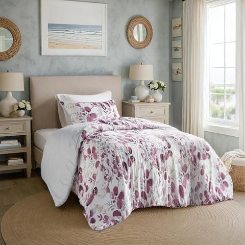 Regency Heights Lightweight Seersucker Botanical Comforter Set Twin Size, 2 Pieces Reversible Design with Striped Print, Premium Microfiber Bedding Set, Comforter and Sham Set, Plum/Grey - Image 1