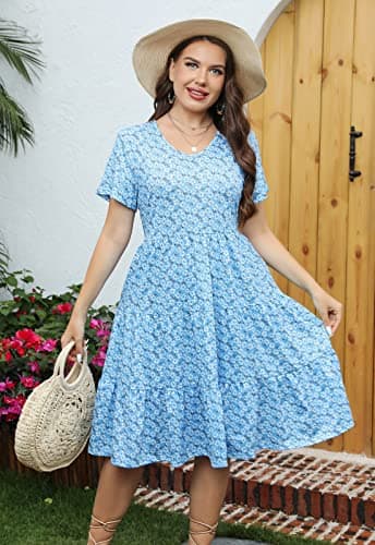 Younrui Plus Size Midi Summer Casual Dress for Women Short Sleeve Scoop Neck Ruffle Babydoll Swing Dress (2XL-1001-Blue Daisy) - Thumbnail 3