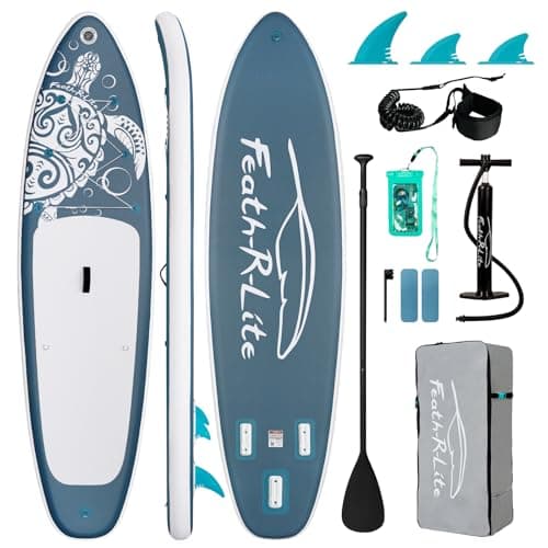 FEATH-R-LITE Inflatable Paddle Board Stand Up Paddleboards for Adults SUP with Premium Accessories Pump, Adjustable Paddle, Leash, Three Fins, Backpack (Gray) - Image 1