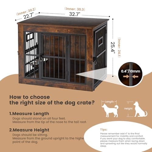 32 Inch Heavy Duty Dog Crate Furniture for Medium/Small Dogs, Decorative Pet House End Table with 3 Doors & Adjustable Bowls, Wooden Cage Kennel Furniture Indoor, Rustic Brown - Thumbnail 2