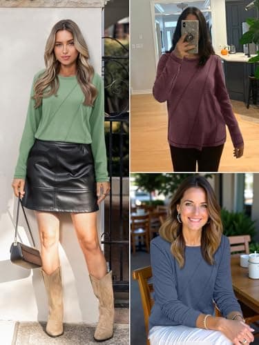 ATHMILE Womens Long Sleeve Shirts Pleated Crew Neck Casual Fall Fashion Ladie Tops Loose Fit Spring Clothes Beach Vacation Blue - Thumbnail 4