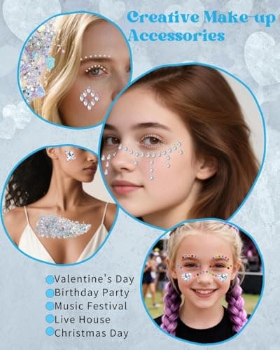 Face Glitter Gems Rave Accessories: 6 Face Body Glitter Gel & 4 Self Adhesive Gem Stickers 1440PCS, Sparkly Rhinestone Stickers Hair Jewels Kit Girls Women Party Makeup Accessories (Water Droplets) - Thumbnail 4