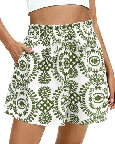 BTFBM Womens Shorts Dressy Casual Summer Spring Outfits 2026 Floral High Waist Wide Leg Loose Boho Vacation Beach Shorts(Army Green, Medium) - Image 1