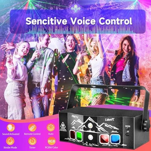 4-Lens Party Lights with Unique Blue Patterns - RGBW LED Background Strobe Light, Sound Activated DJ Stage Projector with Remote, USB Powered Rave Lights for Kids Birthday, Home Disco, Halloween (R40) - Thumbnail 6