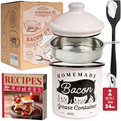 Ayerphalo Bacon Grease Container with Strainer - With Food-Grade Silicone Spatula, 24oz Enamel Rustic Farmhouse Fat Container, Keeper, Recipes, Dishwasher Safe - Image 1