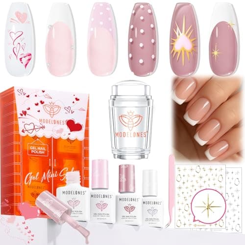 Modelones French Manicure Kit, French Tip Gel Nail Polish Set with French Tip Nail Stamp and Silver Gold Stickers Jelly Nude White Pink Sheer 4 Colors, Valentine Day New Year Nail Art Tool Gift - Image 1