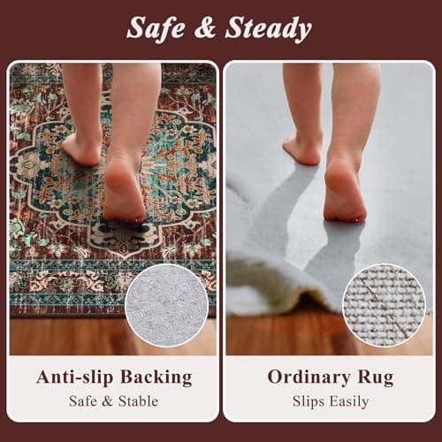 U'Artlines Boho Vintage Area Rug 8x10 Machine Washable Low Pile Ultra-Thin Soft Floor Carpet Non Slip Non Shedding Accent Rug for Living Room Bedroom Entryway Dining Room Office(Rust＆Teal) - Thumbnail 4