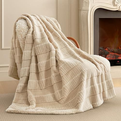 Amélie Home Luxury Striped Faux Fur Throw Blanket for Couch, Soft Cozy Fuzzy Fluffy Soft Plush Blankets Sofa Chair Gift Blankets for Women, 60"x80", Beige
