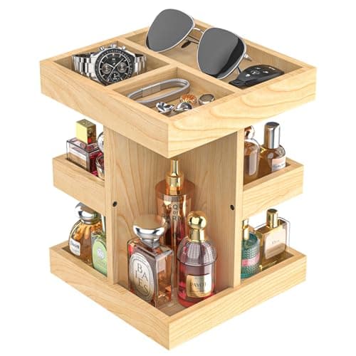 VLXXOI Cologne Organizer for Men Rotating Bathroom Counter Organizer, 3-Tier Solid Wood Storage Caddy, 360-Degree Rotating Stand, Burlywood (Burlywood A) - Image 1