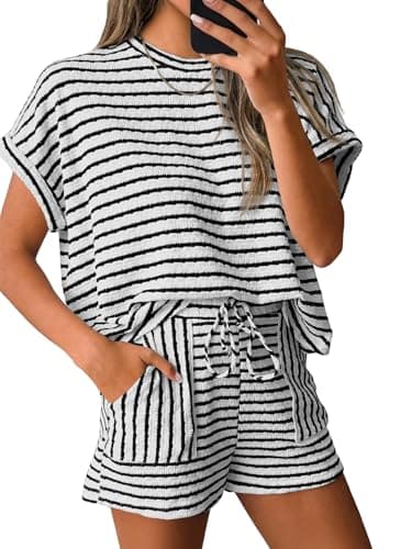 Tankaneo Womens Striped Summer 2 Piece Short Sets Short Sleeve T Shirts Drawstring Shorts Casual Outfits Lounge Pajama Sets - Image 1