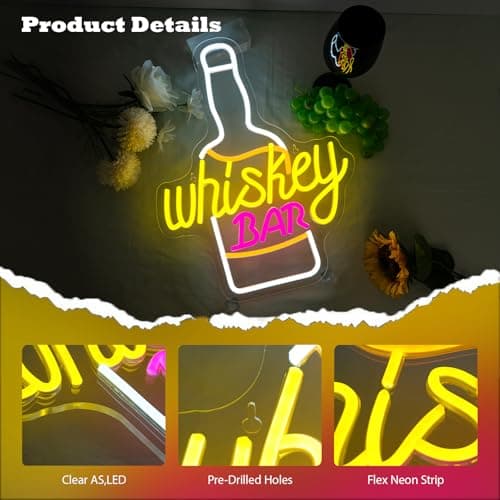 Whiskey Bar Neon Sign for Wine Decor Neon Beer Signs for Party Decor LED Wine Bottle Light Up Bar Pub Lounge Man Cave Wall Art Alcohol Gifts for Beer Lover Bartender - Thumbnail 4
