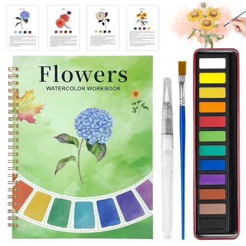 Watercolor Workbook, Watercolor Coloring Book Beginner Friendly Painting kit for Adults, 12 Colors Water Color Paint with Palette & 2 Brush, Exploration Gift (Flower) - Image 1