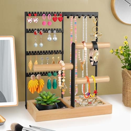 Godboat Jewelry Holder Organizer, 4-Tier Earring Holder with 48 Holes, 6 Hooks Necklace Holder, Removable Bracelet Holder, Gifts for Women, Mom, Mothers Day, Cool Preppy Stuff and Room Decor, Black - Thumbnail 3